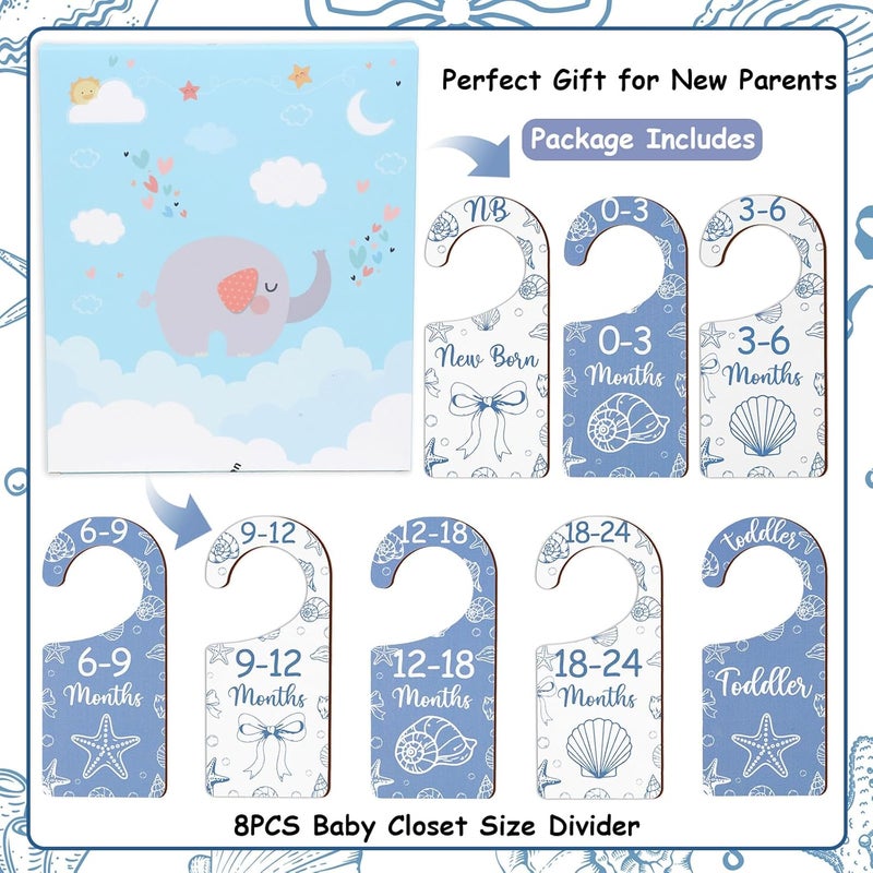 CORNER LACE Baby Closet Dividers 8PCS, Blue Shell & Bows Themed Wooden Double-Sided Clothes Size Hanger/Organizer from Newborn to Toddler for Nursery Decor Baby Shower Birthday Party Gift - Image 5